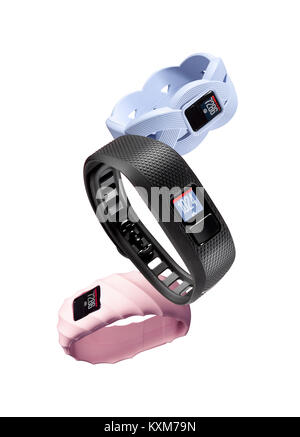 Three different types of wrist fitness monitors Stock Photo