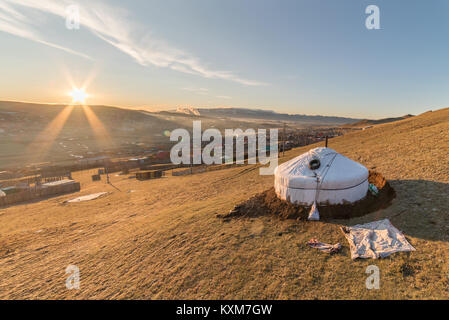 Mongolia ger camp Ulan Bator morning sun rising Stock Photo