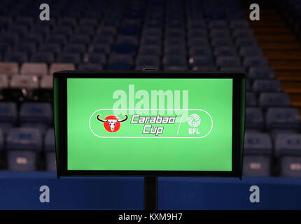 A view of the Video Assistant Referee (VAR) system pitchside before the Carabao Cup Semi Final, First Leg match at Stamford Bridge, London. Stock Photo