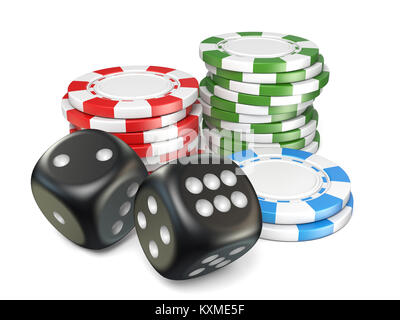 Stacks of red, green, blue gambling chips and black dices 3D ernder illustration isolated on white background Stock Photo