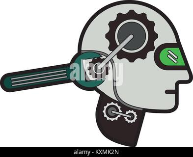 humanoid robot profile with wrench Stock Vector