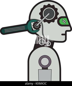 humanoid robot profile with wrench Stock Vector