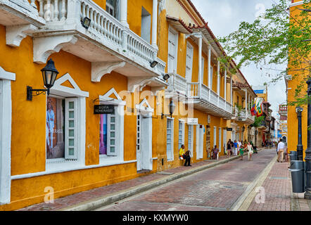 typical colorful facades with balconies of houses in Cartagena de Indias, Colombia, South America Stock Photo