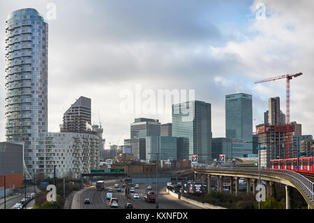 Canary Wharf and new apartment buildings, East London UK, viewed from the East Stock Photo