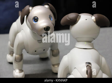 Tokyo, Japan. 11th Jan, 2018. Japanese electronics giant Sony displays the new robot dog 'Aibo ERS-1000' after Aibo's launching ceremony at Sony headquarters in Tokyo on Thursday, January 11, 2018. Cloud based artificial intelligence (AI) enables the robot dog to react when spoken to and learn new behavior. Credit: Yoshio Tsunoda/AFLO/Alamy Live News Stock Photo