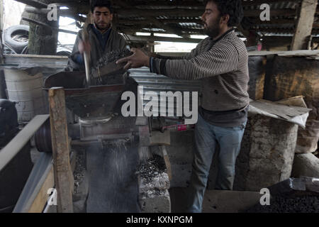 December 23, 2017 - Kolhom, Jammu and Kashmir, India - A Kashmiri man grinds water chestnuts to obtain flour at a mill on January 05, 2018 in Kolhom, north of Srinagar, the summer capital of Indian Administered Kashmir, India.   .   Water chestnuts are a major crop for people living near Wular lake , Asia's second largest freshwater lake. Wular, looks more like a flat marshy plain than a large lake in winters, as the water level recedes entire families collect and extract the marble-sized fruit from its spiky casing . The sun-dried chestnuts are later sold in markets, particularly in summer ca Stock Photo