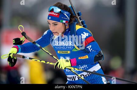 Ruhpolding, Germany. 11th Jan, 2018. Biathlete Dorothea Wierer from Italy jumps into the race at Chiemgau Arena in Ruhpolding, Germany, 11 January 2018. Credit: Sven Hoppe/dpa/Alamy Live News Stock Photo