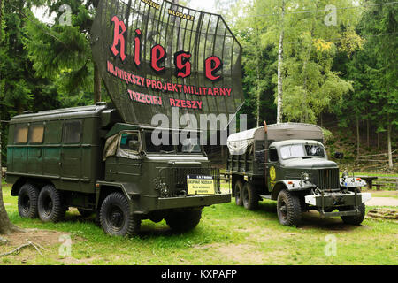 Historic Polish Star 660 and Soviet ZIL 157 6x6 army trucks 2017 on exhibition in Project Riese museum in Wlodarz, Lower Silesia, Poland. Stock Photo