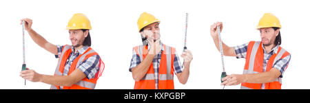 Construction worker with tape-line isolated on white Stock Photo