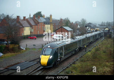 IET Class 800 011 leaves Moreton in Marsh on 2 January 2018 with a GWR service from Great Malvern bound for London Paddington. Stock Photo