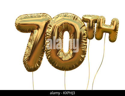 Gold number 70 foil birthday balloon isolated on white. Golden party celebration. 3D Rendering Stock Photo