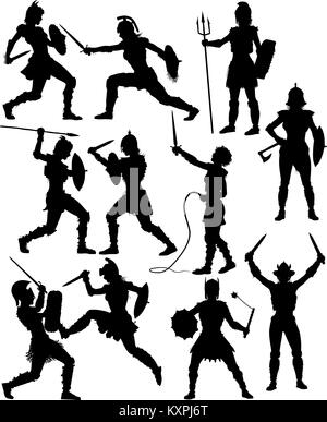 Set of editable vector silhouettes of fighting female gladiators with figures and weapons as separate objects Stock Vector