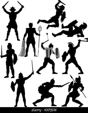 Set of editable vector silhouettes of fighting gladiators with figures and weapons as separate objects Stock Vector