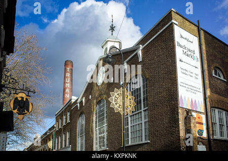 Brick Lane London - The Old Truman Brewery in London’s Popular Brick Lane area, Shoreditch, East London. Stock Photo