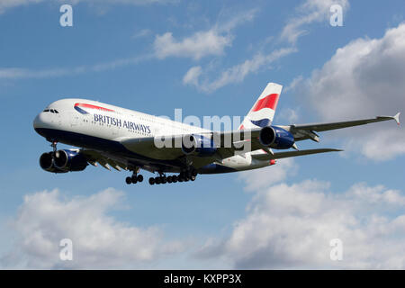 British Airways Airbus A380-841 G-XLEL landing at London Heathrow Stock Photo