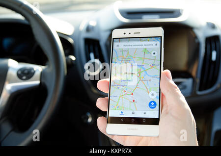 WROCLAW, POLAND - DEC 13, 2017: Google Maps is popular navigation mobile app in Poland Stock Photo