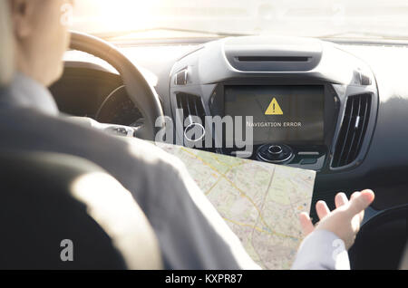 Man lost the way. Failure of the GPS navigation system Stock Photo