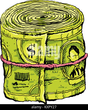 A cartoon wad of cash money in a roll, held together by an elastic. Stock Photo