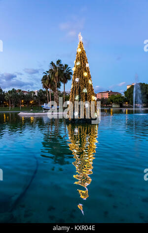 Close-up illuminated decorated New Year tree reflected in the water. Huelin Park, Malaga city, Andalusia, Spain Stock Photo