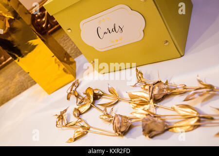 Celebration attributes and decorations on the table Stock Photo
