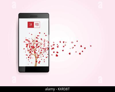 illustration of happy valentines day hearts flying from tree on smartphone vector background Stock Vector
