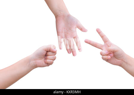 kids hands playing rock paper scissors isolated on white Stock Photo
