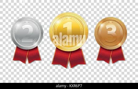 Champion Award Medals sport prize. gold, silver and bronze award medals with red ribbons isolated on transparent background. Vector illustration Stock Vector