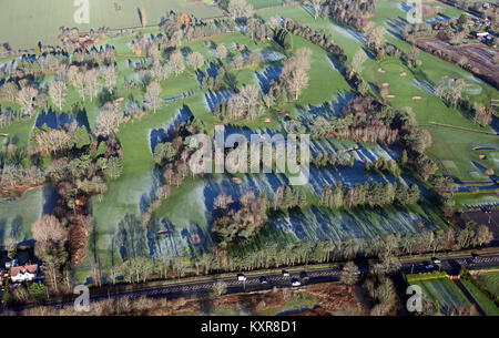 aerial view of frosty shadows from tress on a golf course, Cheshire, UK Stock Photo