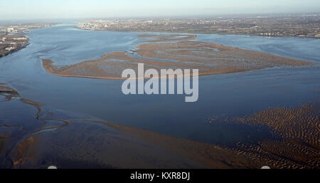 aerial view of mud flats in the Mersey Estuary, near Liverpool, UK Stock Photo