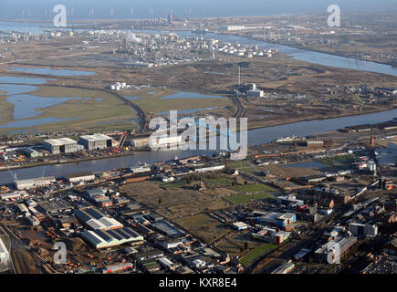 aerial view of the Transporter Bridge & Teesside industry on the River Tees, UK Stock Photo