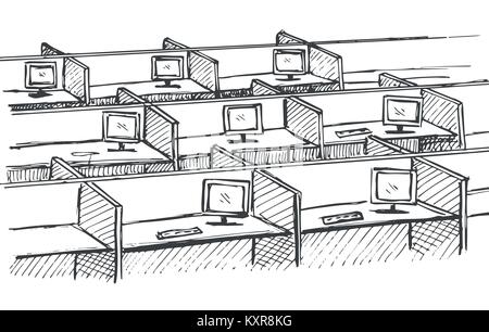 Tables with computers in row. Workplaces in an open space. Stock Vector