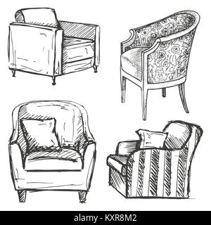 Set of armchairs isolated on white background.Vector illustration in a sketch style. Stock Vector