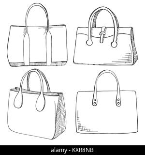 Set of different shopping bags isolated on white background.Vector illustration in sketch style. Stock Vector