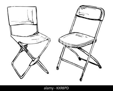 Two folding chairs on a white background isolation. Vector illustration in a sketch style. Stock Vector