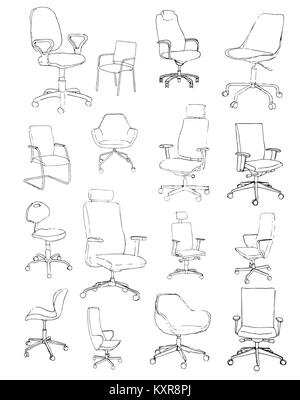 Set office chairs isolated on white background. Sketch different chairs ...