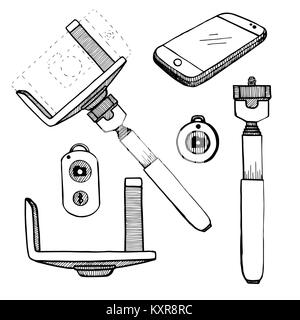 Set for selfie. Phone, monopod, remote bluetooth.Vector illustration in a sketch style. Stock Vector