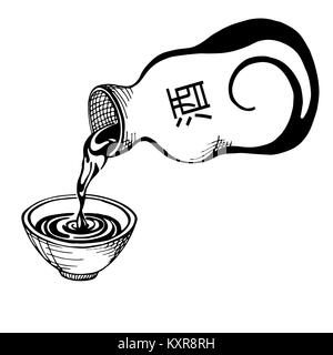 Sake in stoneware are pour into stone cup. Hand drawn. Translation hieroglyph: sake. Vector illustration Stock Vector