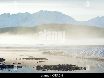 Chilkat River and Mountains in snow on a sunrise. Alaska. USA Stock Photo