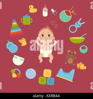 Cute little baby in diaper with newborn essentials Stock Vector