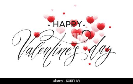 Happy valentines day lettering with red hearts balloon background. Vector illustration Stock Vector