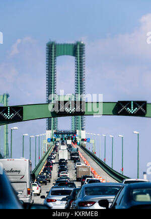 Heavy traffic crossing the Delaware Memorial Bridge, Delaware, USA. Stock Photo