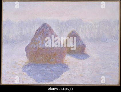 Haystacks (Effect of Snow and Sun) by Claude Monet presents stacked wheat sheaves under snowy and sunny conditions in the French countryside. The painting exemplifies his impressionistic technique and focus on light, atmosphere and seasonal transformation. Stock Photo