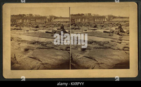 Connecticut River Dam at low water, boys posing on rocks in foreground, by Milan P. Warner 2 Stock Photo