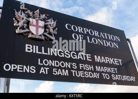 London, England - January 2018. Entrance sign at Billingsgate Fish Market in Canary Wharf. The UK's largest inland fish market serving London's restau