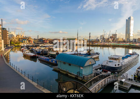 London, England - January 2018. Blackwall basin with Dollar Bay building in the background. Stock Photo