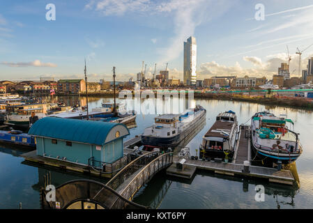 London, England - January 2018. Blackwall basin with Dollar Bay building in the background. Stock Photo