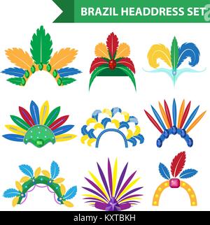 Brazil Feather Headband Headdress icons flat style. Headpiece Carnival, Samba Festival headwear. Isolated on white background. Vector illustration. Stock Vector