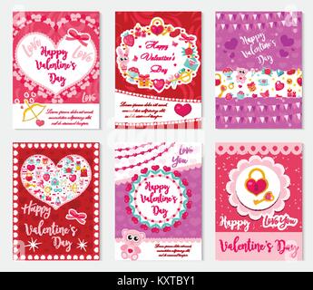 Happy Valentine's Day set poster, invitation, greeting card, background. St. Valentine's Day collection template for your design with space for text, hearts, romantic symbols. Vector illustration. Stock Vector