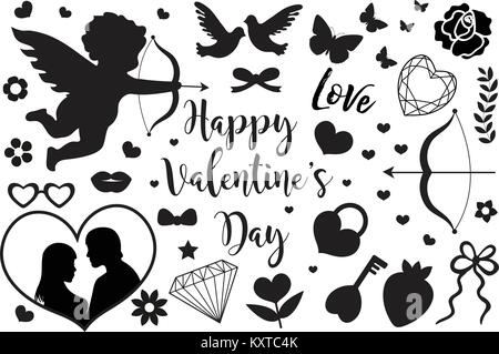 Happy Valentine's Day set of icons stencil black silhouette. Cute romance love collection of design elements with cupid, heart, couple, pigeons, diamond, butterfly, flowers. Vector illustration. Stock Vector