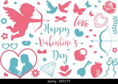 Happy Valentine's Day icon set of stencil silhouettes. Cute romance love collection of design elements with cupid, heart, couple, pigeons, diamond, butterfly, flowers. Vector illustration. Stock Vector